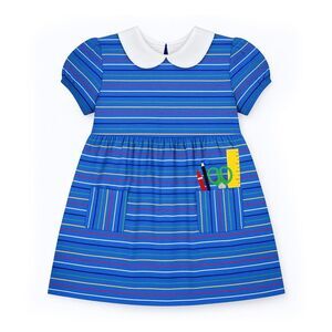 Florence Eiseman Girls Dress 4T Blue Stripe Knit Dress School Supply Pockets $96